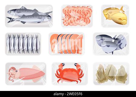 Rohe Meeresfrüchte in Plastikbehältern. Top-Ansicht von kalter frischer Fisch und Austern, Tintenfisch und Krabben, Meeresprodukte Sammlung in Styropor-Paketen mit Polyäthenfolie Wrap Cartoon Vektor Illustration Stock Vektor