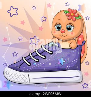 Ein süßer Karikaturhase mit Sneaker. Vektorillustration eines Tieres auf einem bunten Hintergrund mit Sternen. Stock Vektor