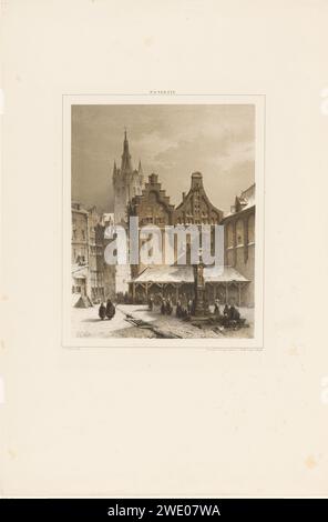 Plein mit Markt und Wasserpumpe, Petrus Gerardus Vertin, 1847 - 1865 Druck auf einem Quadrat und stehend an einer Wasserpumpe. Dahinter verdeckte Marktstände für zwei Gebäude mit Uhr und Stufengiebel. Hinter einem Kirchturm. Auf ein Gemälde von Petrus Gerardus Vertin. Der Haager Papierdorf Platz. Utilitarian, öffentliche Pumpe oder Wasserbrunnen. Markt Stockfoto