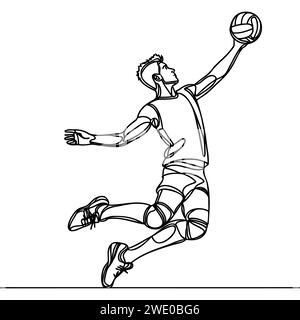 Eine durchgehende Linie zeigt einen jungen professionellen Volleyballspieler, der den Ball auf dem Spielfeld bedient. Stock Vektor