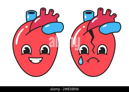 Cartoon glückliche und traurige gebrochene Herzfigur, einfache Retro Comic Stil Vektor Illustration. Anatomisches menschliches Herz mit Gesicht. Stock Vektor