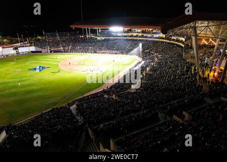 HERMOSILLO, MEXIKO - 20. JANUAR: Luftaufnahme des Stadions Fernando Valenzuela während eines LMP-Spiels zwischen Naranjeros de Hermosillo und Venados de Mazatlán am 20. Januar 2024 in Hermosillo, Mexiko. (Foto von Luis Gutiérrez/Norte Photo/) HERMOSILLO, MÉXICO - 20 DE ENERO: Vista aérea del estadio Fernando Valenzuela durante un partido de LMP entre Naranjeros de Hermosillo y Venados de Mazatlán el 20 de enero de 2024 en Hermosillo, México. (Foto de Luis Gutiérrez/Norte Photo/) Stockfoto