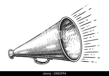 Retrospektive Megaphonskizze. Schreiende Bullhorn-Werbung, Vintage-Ankündigung, Propaganda. Vektorabbildung Stock Vektor