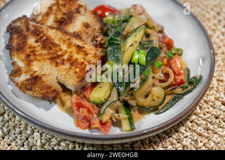Gesundes Fischgericht aus gebratenem Rotbarschfilet mit mediterranem Gemüse wie Zucchini, Tomaten und Lauch in Sauce, proteinreiche Mahlzeit für niedrigen Carb o Stockfoto
