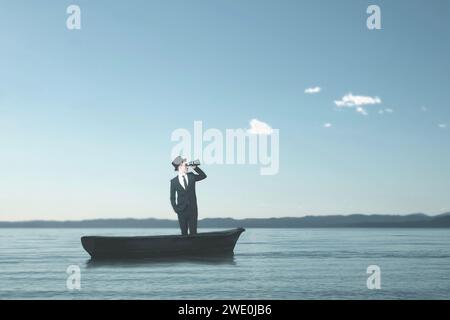 Ein eleganter Mann segelt allein auf einem kleinen Boot und versucht mit einem Teleskop, sein eigenes Schicksal, abstraktes Konzept zu sehen Stockfoto