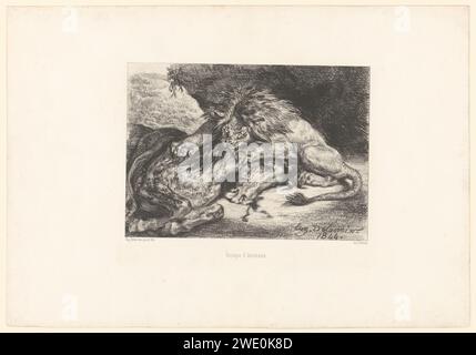 Löwe verschlingt ein Pferd, Eugène Delacroix, 1844 Druck Paris Papier Raubtiere, Raubtiere: Löwe. Pferd von wildem Tier angegriffen Stockfoto