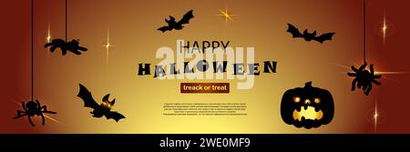Halloween-Einladung. Trick or Treat. Silhouette Kürbis und Fledermäuse fliegen Spider auf Spinnennetz. Herbstferien. Party im Oktober. Gruselige orange Funken. Horizontale Grußkarte. Vektorbanner-Design Stock Vektor