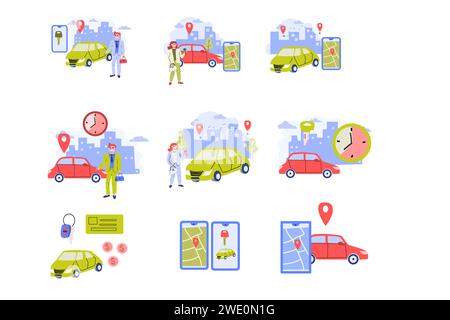 Große Illustration von Carsharing und Autovermietung. Vektor-Illustration mit Menschen Mann und Frau, die mobile App für Miettransporte verwenden, Automobil mit Standortmarkierung. Stock Vektor