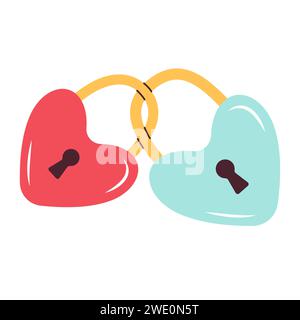 Zwei geschlossene Schlösser Symbol der Liebe. Einfache handgezeichnete flache Ausführung. Retro. Perfekt für Poster, Karten, Einladungen, T-Shirts oder Valentinstag-Grußkarten. Vektorabbildung Stock Vektor