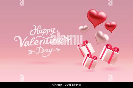 Happy Valentines Day Herz und Ballons, Grußkarte ab 14. Februar. Vektor Stock Vektor