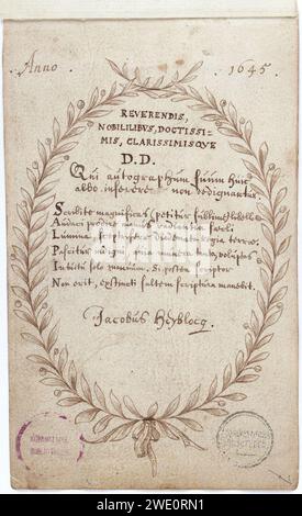 Album amicorum Jacob Heyblocq KB131H26 - p007 - Jacobus Heyblocq - Widmung des Albums. Stockfoto
