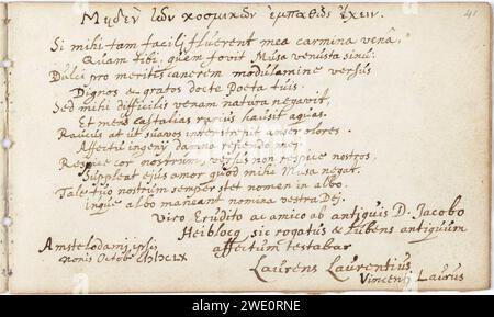 Album amicorum Jacob Heyblocq KB131H26 - p041 - Laurens Laurentius - Inschrift. Stockfoto