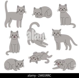 Zeichentrickkatzen-Set mit verschiedenen Posen und Emotionen. Katzenverhalten, Körpersprache und Gesichtsausdrücke. Einfache niedliche flache Vektor-Stil-Illustration. Stock Vektor