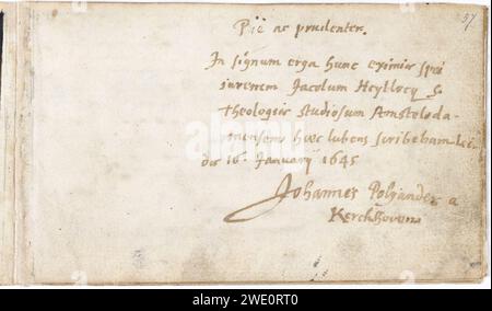 Album amicorum Jacob Heyblocq KB131H26 - p057 - Johannes Polyander - Inschrift. Stockfoto