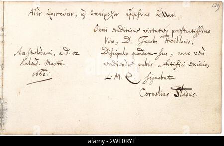 Album amicorum Jacob Heyblocq KB131H26 - p139 - Cornelius Sladus - Inschrift. Stockfoto