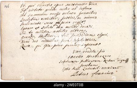 Album amicorum Jacob Heyblocq KB131H26 - p146 - Petrus Francius - Gedicht. Stockfoto
