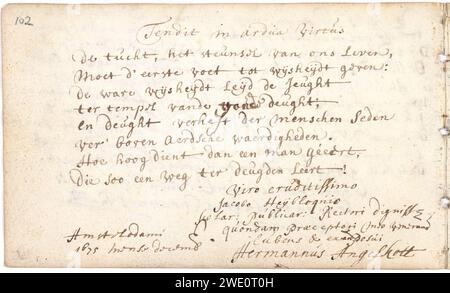 Album amicorum Jacob Heyblocq KB131H26 - p102 - Hermannus Angelkott - Gedicht. Stockfoto