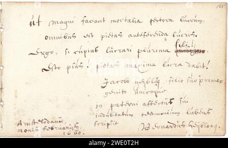 Album amicorum Jacob Heyblocq KB131H26 - p165 - Bernardus Heyblocq - Inschrift. Stockfoto