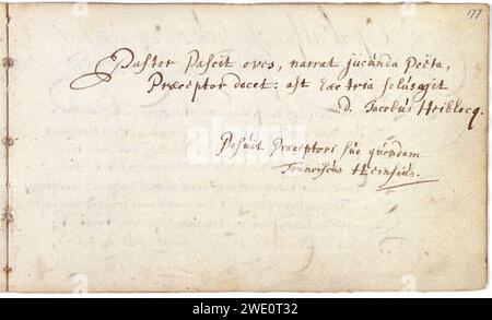 Album amicorum Jacob Heyblocq KB131H26 - p177 - Franciscus Heinsius - Inschrift. Stockfoto