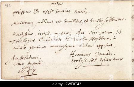 Album amicorum Jacob Heyblocq KB131H26 - p192 - Henricus Conradi - Inschrift. Stockfoto