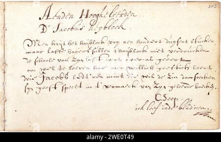 Album amicorum Jacob Heyblocq KB131H26 - p203 - C. seep - Gedicht. Stockfoto