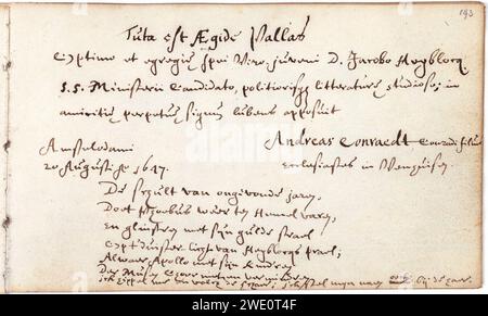 Album amicorum Jacob Heyblocq KB131H26 - p193 - Andreas Conraedt - Gedicht. Stockfoto