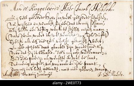 Album amicorum Jacob Heyblocq KB131H26 - p224 - Joan Dullaart - Gedicht. Stockfoto