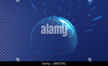 Luftpolsterschutz. Schützen Sie die Lichtkugel. Sechseckige Kreisbarriere mit 3D-Glaseffekt. Sichern Sie die Kugelabdeckung. UV-Schutzrand. Medizinische Versorgungsschicht. Funkelnde Kugel. Abstrakter Vektorhintergrund Stock Vektor