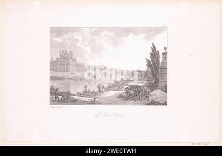 Blick auf die seine mit der Pont Royal, Louis Albert Bacler d'Albe, 1822 - 1824 Drucken an den Ufern der seine findet viel Aktivität statt: Boote werden vertäut, Güter werden entladen und beladen, ein Sandhaufen wird ausgegraben. Paris Papierbrücke in der Stadt über Fluss, Kanal usw. Ruderboot, Kanu usw. flussufer. pier, Kai, Wharf Point Royal Stockfoto