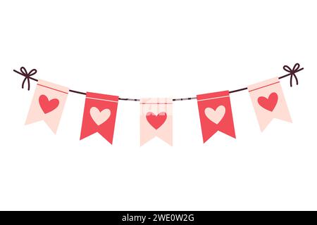 Valentinstag festliche Girlande aus Fahnen mit Herzen. Hochzeits- und Valentinstag-Konzept. Einfach Handgezeichnet. Flacher Retro-Style. Perfekt Für Poster, Valentinstag-Grußkarte. Vektorabbildung Stock Vektor