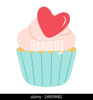 Valentinskuchen mit Herz. Flache Ausführung isoliert auf weißem Hintergrund. Love-Konzept. Retro. Perfekt für Poster, Karten, Einladungen, T-Shirts oder Valentinstag-Grußkarten. Vektorabbildung Stock Vektor