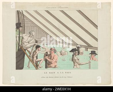 Mannenbad, anonym, 1750 - 1850 Schwimmbad oder Badehaus mit mehreren Männern im Wasser. Rechts misst ein Mann mit Thermometer die Temperatur des Badewassers. Druckerei: Frankfurter: Paris-Papier. Aquarell (Farbe) Ätzen öffentliche Bäder (+ viele Personen). Thermometer Stockfoto