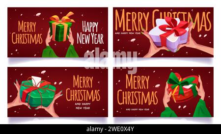 Poster zu Weihnachten und Neujahr mit Frauenhänden halten Geschenkboxen, die mit Schleife und Schleife verziert sind. Rote Grußbanner mit Presen Stock Vektor