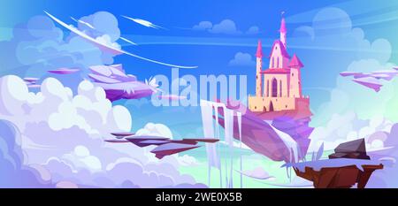 Fantasy-Märchenschloss auf der Insel des Bodens mit Wasserfall, der im Himmel zwischen Wolken schwimmt. Magische Zeichentrickspiel-Vektor-Illustration mit König und Prinzen Stock Vektor