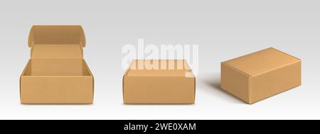 Braune Pappkarton Mockups, isoliert auf weißem Hintergrund. Vektor-realistische Illustration von offenen und geschlossenen 3D-Kartonproduktpaketen, Postversand Stock Vektor