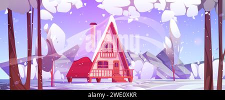 Cartoon Winter Schneelandschaft mit Holzhaus im Wald in der Nähe von Bergen. Gemütliches Ferienhaus aus Holz mit Schnee bedeckt. Vektorillustration Natural sc Stock Vektor