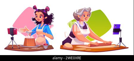 Weibliche Food Blogger kochen Gebäck auf Kamera isoliert auf weißem Hintergrund. Vektor-Cartoon-Illustration von jungen und älteren Frauen, die Küche streamen VI Stock Vektor
