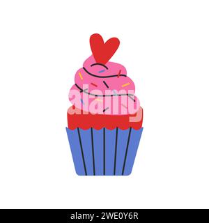 Muffin mit roten Bonbons in Herzform. Flacher Cupcake. Vektorillustration auf weißem Hintergrund isoliert. Stock Vektor
