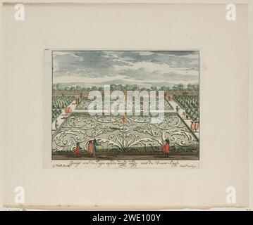 Blick auf die Gärten auf der Südseite des Paleis Soestdijk, Anonym, 1695 Druck die formellen Gärten südlich des Soestdijk Palace, Jachtslot des Stadthalters Willem III. Von Oranje-Nassau. Verschiedene Spaziergänger laufen im Garten. Amsterdamer Papierkrafgarten Soestdijk Palace Stockfoto