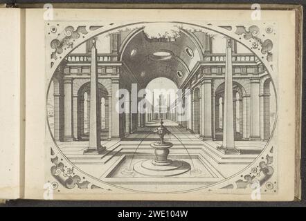 Portal mit Tonnengewölbe und Gesicht in einer Straße mit Arkaden, Johannes oder Lucas van Doetechum, nach Hans Vredeman de Vries, 1601 drucken Portal mit Tonnengewölbe und Gesicht in einer Straße mit Arkaden. Im Vordergrund ein Brunnen in einem quadratischen Becken. In den Kurven Rollen. Dieser Ausdruck ist Teil eines Albums. Antwerpener Papier, das architektonische Darstellungen im Allgemeinen graviert. Zierbrunnen Stockfoto