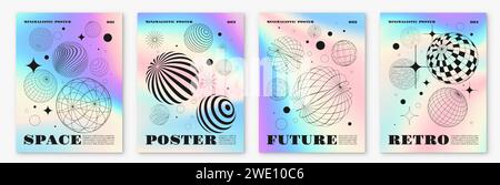 Geometrische Poster. Grafische Kugelformen, moderne abstrakte Minimallinien, schweizer bauhaus-Typografie. Verlaufender Hintergrund. Raum Retro Banner, rosa lila Hologramm Farben Vektor Design Illustration Set Stock Vektor