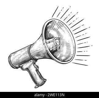 Retro-Megaphon. Schreiende Bullhorn-Werbung, Ankündigung, Propaganda. Skizze der Vektorabbildung Stock Vektor