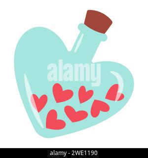 Liebe Flasche mit Herzen im Inneren. Einfach Handgezeichnet. Flaches Retro-Design für Valentinstag. Perfekt für Poster, T-Shirt oder Valentinstag-Grußkarte. Vektorabbildung Stock Vektor