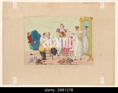 Vorbereitung auf Besuche am Neujahrstag, Anonym, ca. 1813 - ca. 1815 bei einer Abreise mit großem Spiegel rechts kleiden sich eine Frau und ein Mann, um am Neujahrstag Besuche zu machen. Der fette Mann sitzt auf einem Stuhl und zieht seine Stiefel an. Hinter ihm steht ein Diener, der seine blaue Jacke schubst. Die Katze spielt mit seiner Perücke, die auf dem Boden liegt. Vor dem Spiegel zieht eine junge Frau ihr Slip Kleid an. Ihr pinkfarbenes Kleid hängt über dem Stuhl. Eine zweite Frau hat einen Ärmel in der Hand. Auf dem Boden befinden sich eine Harlequin-Puppe und verschiedene Spielzeuge (?). Paris Papier. Aquarell-(Farbe-)Ätzen sich selbst anrichten, Stockfoto