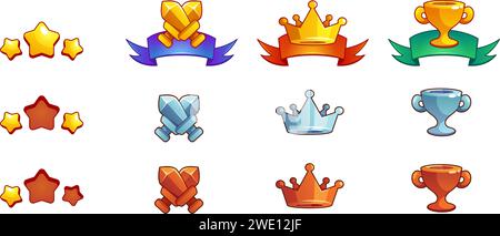 Embleme und Belohnungen für drei verschiedene Stufen des Abschlusses von Spielaufgaben oder für das gui-Design des Level Rank Progress. Cartoon-Vektor-Set aus Bronze, Silber Stock Vektor