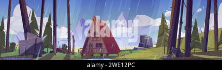 Bergwald mit gemütlichem Haus bei regnerischem Wetter. Vektor-Karikaturillustration des hölzernen Häuschens mit nasser Veranda und Treppe, Wasserpfützen im Hof, GREE Stock Vektor