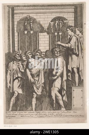 Trajanus verspricht Frieden, Matteo Piccioni, nach Anonym, ca. 1625–1671 Druck der römische Kaiser Trajan ist nach Rom zurückgekehrt und verspricht Frieden für eine Gruppe von Gesandten der Barbaren. Am unteren Rand eine Textregel in lateinischer und eine Textregel in italienischer Sprache. Druckerei: Italien Verlag: RomeAfter Skulptur von: Rom Papier Ätzstück Skulptur, Reproduktion eines Skulpturenstücks. Frieden Stockfoto