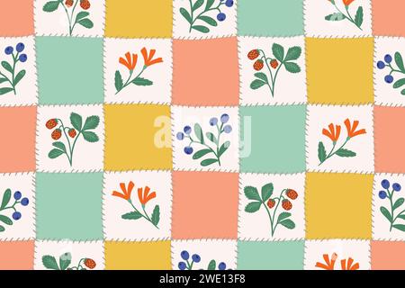 Nahtlose Vektor Cheater Quilt Patchwork Beeren und Blumen, Vektor nahtlose Muster. Pastellprüfungen. Vektorabbildung Stock Vektor