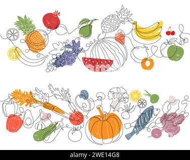 Hintergrund zu Lebensmitteln. Kochmuster, heißes Kunstessen oder Kochmenü, Rezeptgrenze des Restaurants. Obst und Gemüse. Moderne Monoline-Skizze. Dekorativer Rahmen. Fleisch und Fisch. Vektorzeilenbanner Stock Vektor