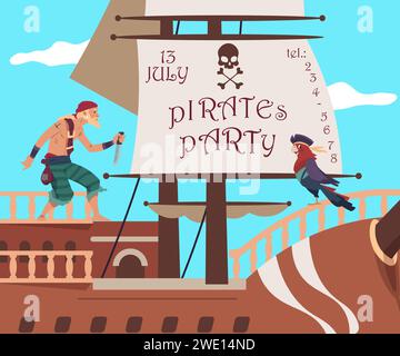 Einladungsbanner für Piratenpartys. Filibuster-Segelschiff. Urlaubseinladung für Kinder. Buccaneers Papagei. Korsair mit Messer. Piraterie in der Karibik. Crossbones-Flag. Hölzerne Bootssegel. Vektor-Grußkartendesign Stock Vektor